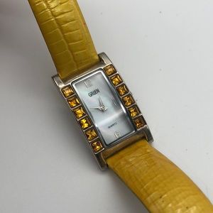 Petite Tank Pearl Face Silver Tone Yellow Band Women’s Gruen Watch, Working